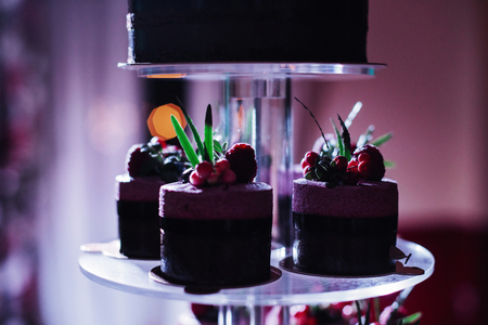 Purple and pink cupcake stand. Decorated with berries and leaves. Back light.の写真素材