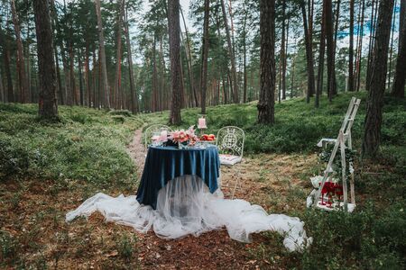 Romantic table setting with flowers and candles in the forest.の写真素材