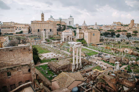 Roman Forum and Ruins of Septimius Severus Arch and Temple of Saturn, Rome, Italy.の写真素材