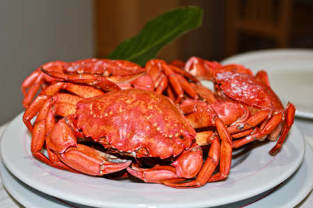 Close-up boiled red crabs, selective focus, horizontal orientation