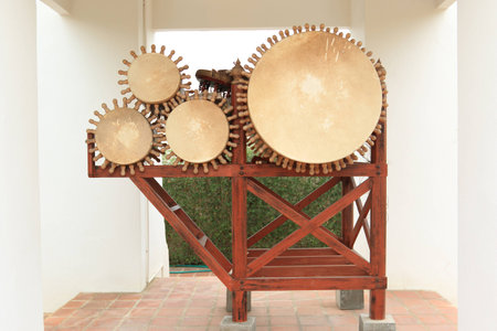 Lanna ancient drums at temple in Chiang Mai, Thailandの写真素材