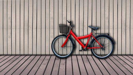 red bicycle on brown color wooden house wall.の写真素材