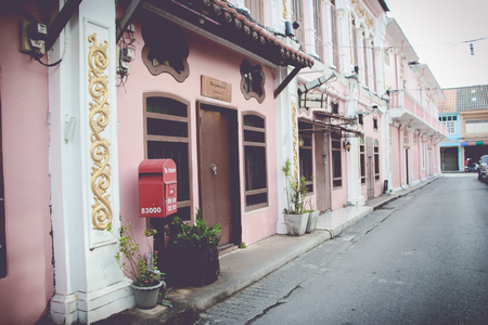  Phuket, Thailand - december 25, 2016 Old building Sino Portuguese style in phuket Thailand with vintage style filter.のeditorial素材