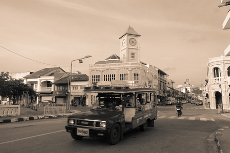 Phuket, Thailand - december 25, 2016 Old building Sino Portuguese style in Thailand with vintage style filter.のeditorial素材