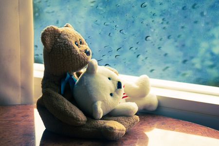The teddy brown sitting near window at raining and waiting for something,vintage filter style.の写真素材