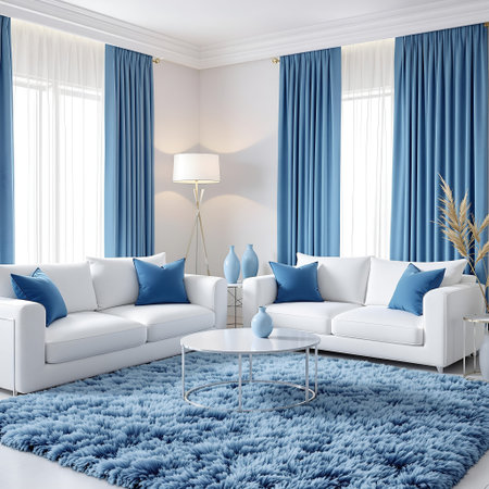 interior of modern bright living room with blue curtains, 3d renderの素材