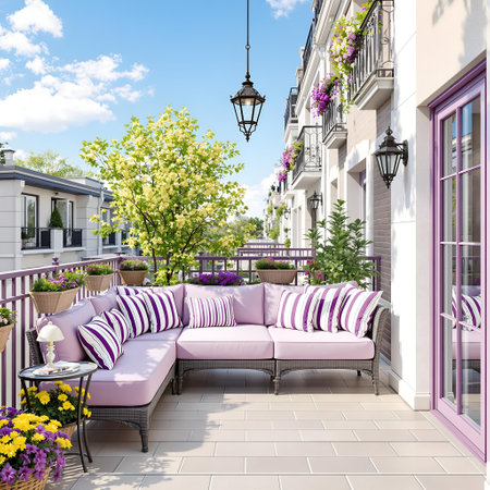 Beautiful terrace with pink sofa and flowers. 3d renderingの素材