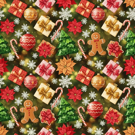 a festive christmas pattern featuring gifts, trees, and gingerbread cookies.の素材