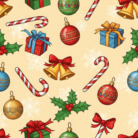 a christmas pattern with ornaments, candy canes, gifts, holly and golden bellsの素材