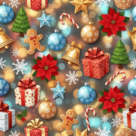 a christmas pattern with ornaments, gingerbread men, and gifts on a bokeh backgroundの素材