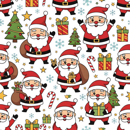 a seamless christmas pattern featuring santa claus, trees, gifts and snowflakes.の素材