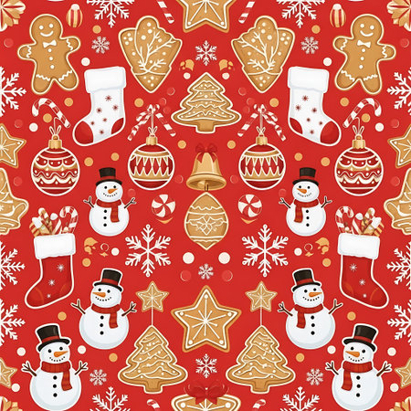 a festive christmas pattern featuring cookies and other holiday elements on redの素材