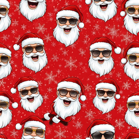 a festive seamless pattern featuring santa claus with sunglasses on red backdropの素材