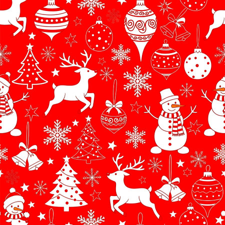 a festive christmas pattern featuring reindeer, snowmen, trees and ornamentsの素材