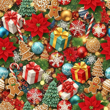 a festive christmas pattern featuring gifts, cookies, ornaments, and poinsettiasの素材