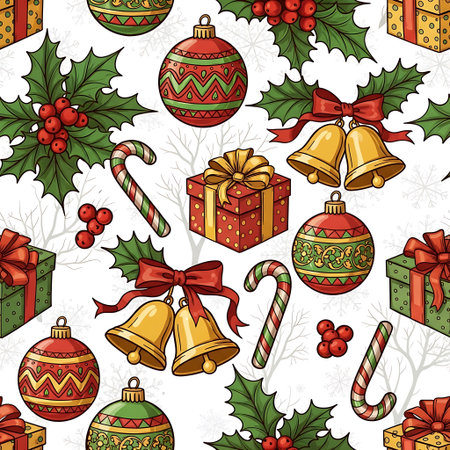 a christmas pattern featuring ornaments, gifts, holly, candy canes and bellsの素材