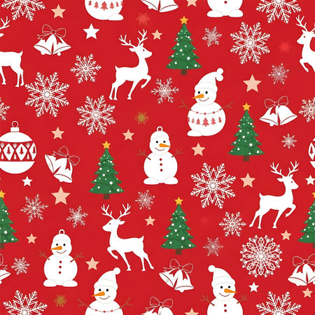festive christmas pattern with snowmen trees reindeer snowflakes and starsの素材