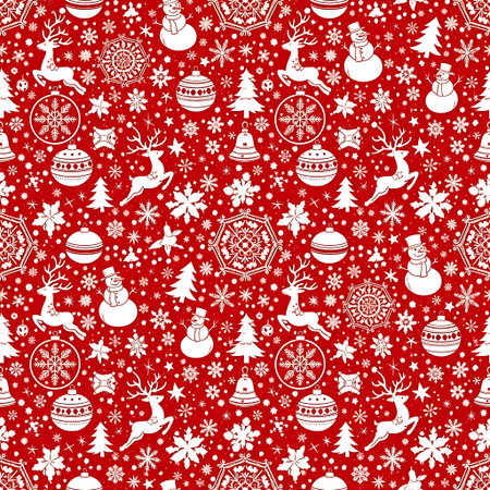 a christmas pattern with reindeer, snowflakes, ornaments, and snowmen on red.の素材