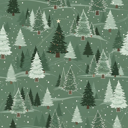 seamless christmas tree pattern on green background with winter landscape snowの素材