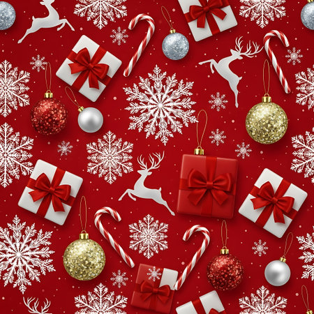 a festive christmas pattern with gifts, ornaments, and snowflakes on red.の素材