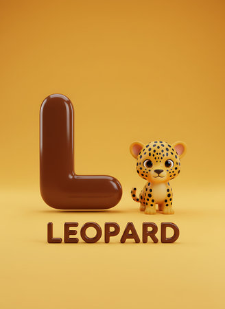 a cartoon leopard stands next to a brown letter l and the word leopard, all rendered on a yellow background. the image is cute and playful, perfect for educational or decorative purposes.の素材