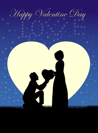 Silhouettes of a loving couple standing in front of the moon heartのイラスト素材
