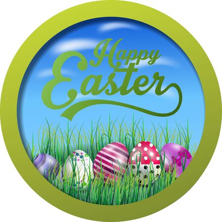 Easter background with eggs in the grass on round frameの写真素材