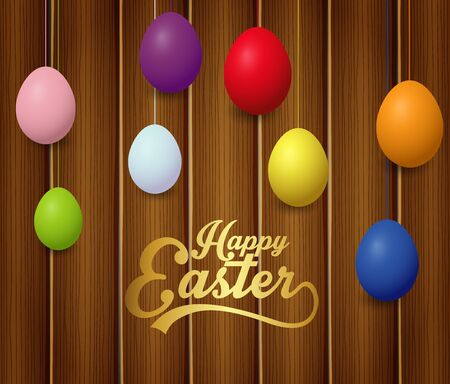 Colorful Easter eggs with lettering Happy Easter on brown wooden backgroundのイラスト素材