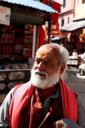 Indian Baba, Swami, Sadhu, Holyman, Saddhu in front of temple in Haridwar, Uttrakhand, Indiaのeditorial素材