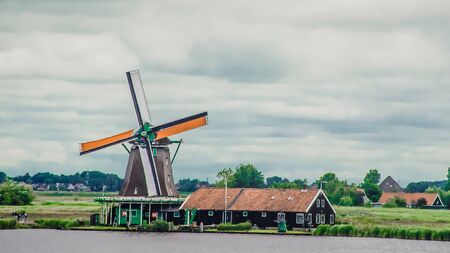 Windwills of Holland on the banks of Zaans riverの写真素材