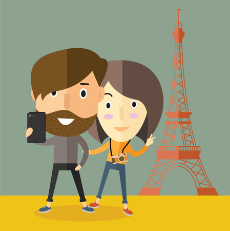 selfie with girlfriend at Eiffel Towerのイラスト素材