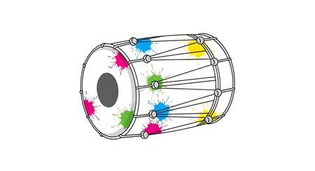 White festive barrel drum or dholak featuring multicolored ink splashes and rope tuning. Musical percussion instrument used during holi and weddings. Clean vector art with splattered pigments in yellow cyan and magenta on white background surface.の写真素材