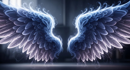 Pair of glowing wings formed from swirling blue smoke patterns. Delicate feathery wisps create majestic silhouette on dark reflective surface. Concept art illustrating themes of grace and transcendence through fluid vapor trails and soft glow.の写真素材