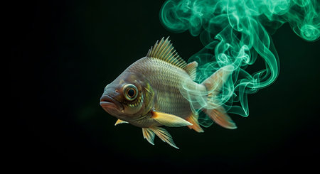 Elegant brown fish with distinctive golden fins and scales, captured in motion with a luminous trail...
