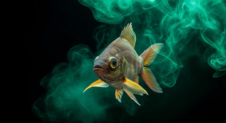 Close-up of small fish with prominent fins and scales, gracefully navigating through dark, smoky...