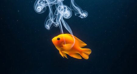 Small vibrant orange fish, deep dark water, elegant tendrils of white swirling smoke, effortlessly...