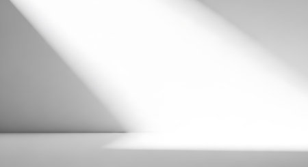 Empty white room bathed in natural sunlight. Clean, minimalist interior features soft shadows on...