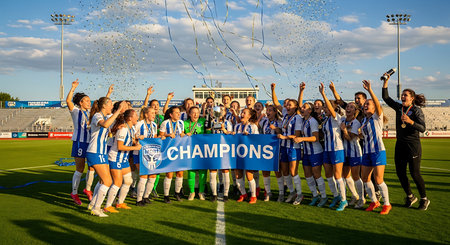 A victorious women's soccer team proudly holds a 'CHAMPIONS' banner and their trophy high. The...