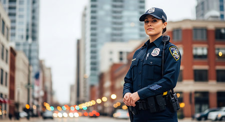 Policewoman wearing dark blue uniform and cap with badge, standing outdoors in urban setting,...