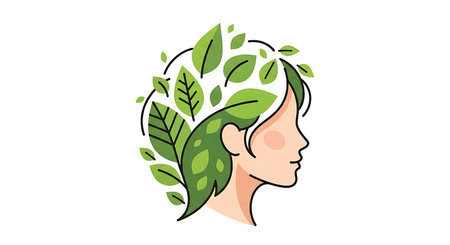 Artistic illustration of female face merged with botanical elements symbolizing harmony between humans and earth. Concept of green thinking and sustainable beauty. Detailed line art with various leaf shapes for eco friendly branding and health.の写真素材