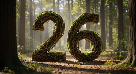 Numbers twenty six crafted from organic vines and moss in sunlit forest. Emphasizes nature, growth,...