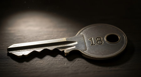 Close-up shot of an antique-style metal key, clearly marked with the number 18, resting on a rustic dark wooden surface, dramatically highlighted by a focused ray of light creating contrast and shadowsの写真素材