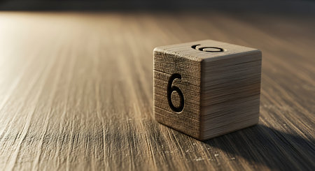 Macro view of gaming die showing side with six dots. Wood grain detail on block resting on table. Sunlight creating long shadows on brown surface. Concept of chance gambling and board games. Minimalist artistic composition with focus on wood.の写真素材