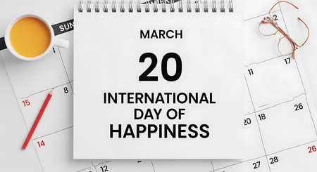 Calendar marks March 20 for International Day of Happiness, open planner with dates, coffee cup and...