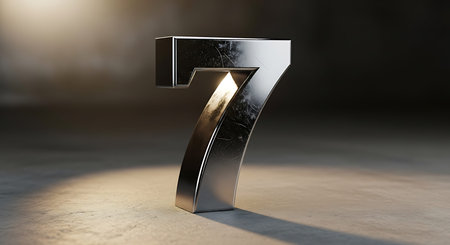 Chrome number 7 stands in spotlight, illuminating the textured concrete surface with a dramatic...