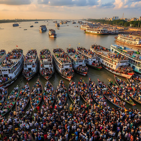 Busy river scene at sunset with numerous boats packed with people and large crowds on riverbanks, showcasing lively water transportation hub, set against a tranquil river reflecting golden hour light, bustling city visible in distance.の写真素材