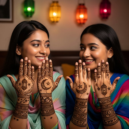 Two joyful young women proudly display hands adorned with detailed henna mehndi art. They smile warmly, wearing colorful traditional Eid al-Fitr outfits. Festive atmosphere with bokeh lights in background. Celebration of beauty and tradition.の写真素材
