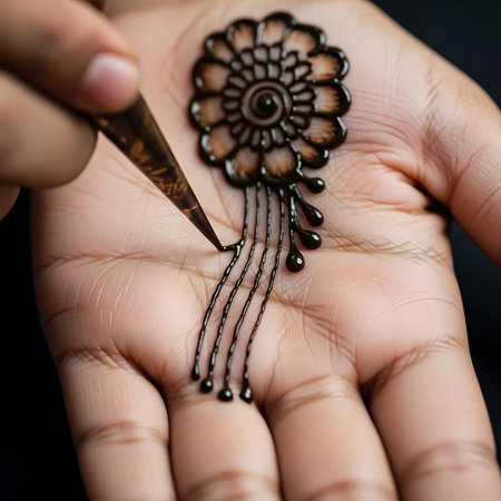 Handheld shot showing intricate mehndi application process, floral patterns with dark henna paste on skin, beauty treatment for traditional festivals, south asian body art style, detailed hand decoration, artistic technique, wedding preparationの写真素材
