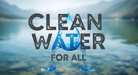 Bold text clean water for all with a graphic of sparkling blue water drops forming the word water, set against a serene lake and mountain landscape, promoting universal access to safe drinking water and environmental health.