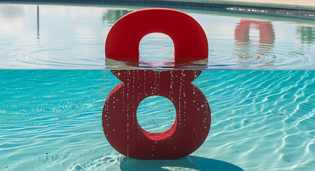 Vibrant red number '8' partially submerged in a swimming pool with crystal clear blue water. Bubbles...